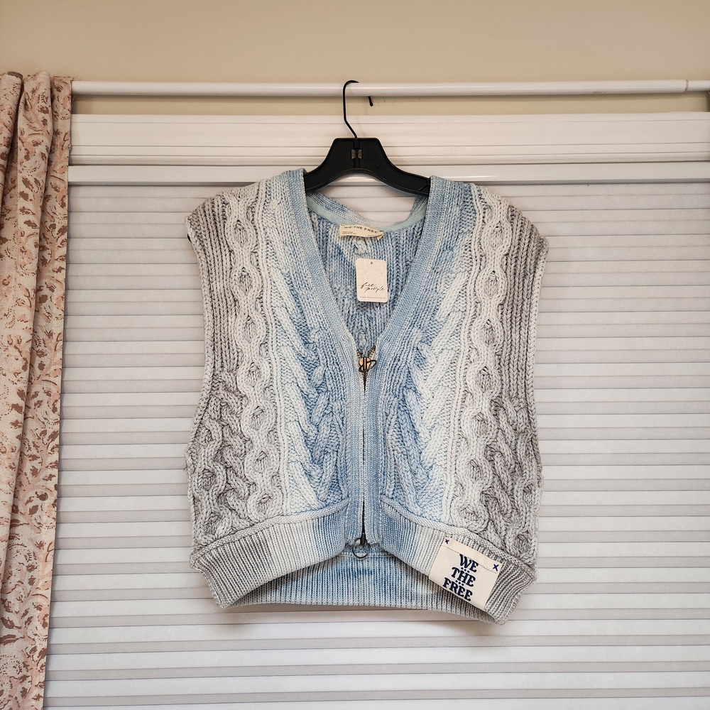 We The Free Blue Rain Cable Knit Sweater Vest